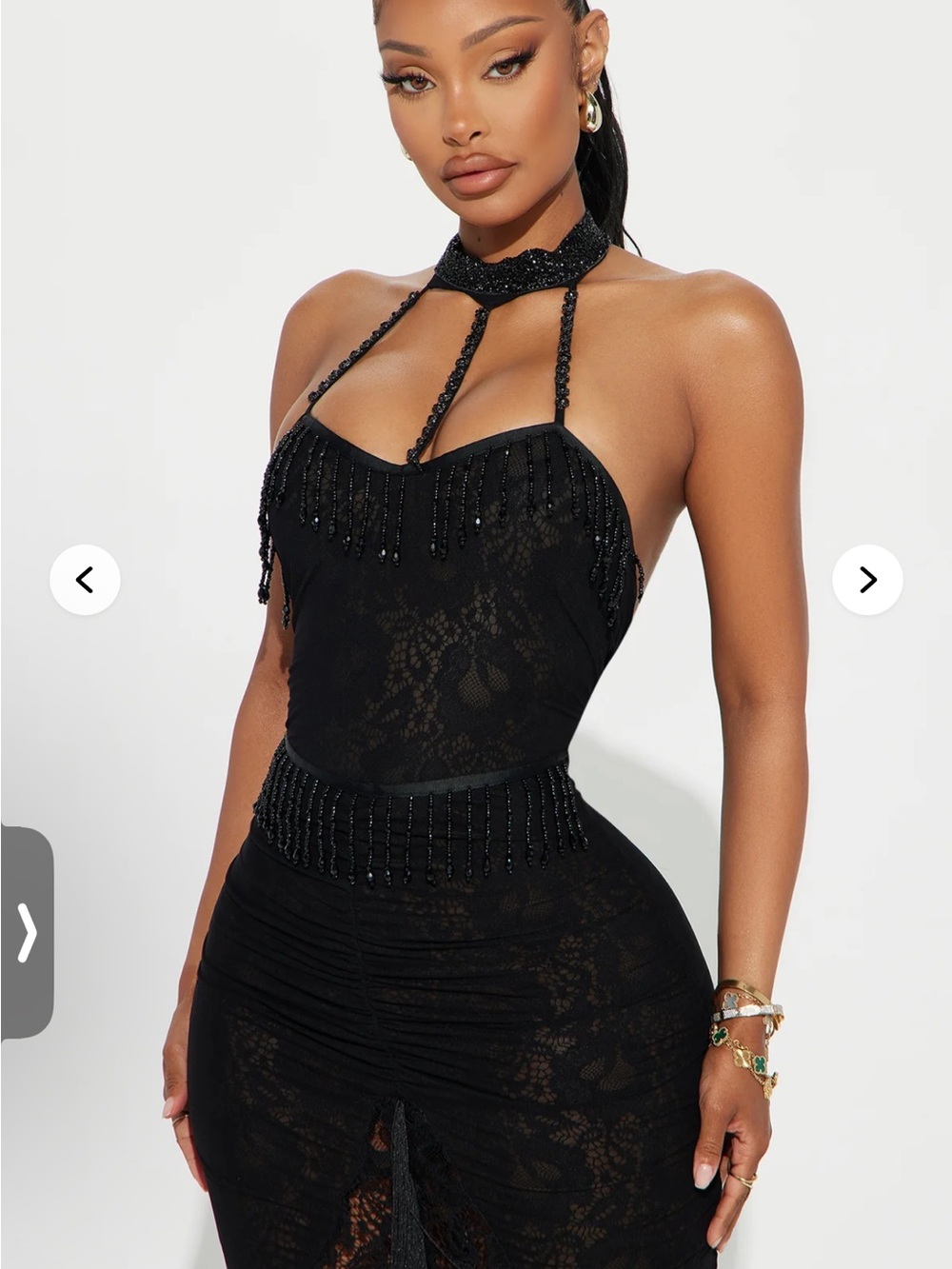 Fashion Nova Black Lace Halter Maxi Gown with Fringe - Picture 2 of 3
